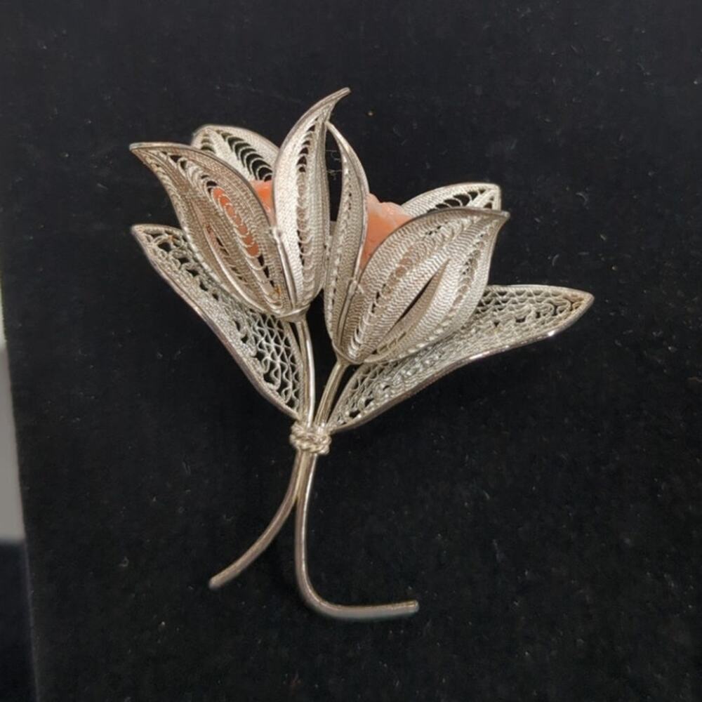 Vintage Brooch Pin Filigree Silver Flower Coral Toned Center Victorian Romance